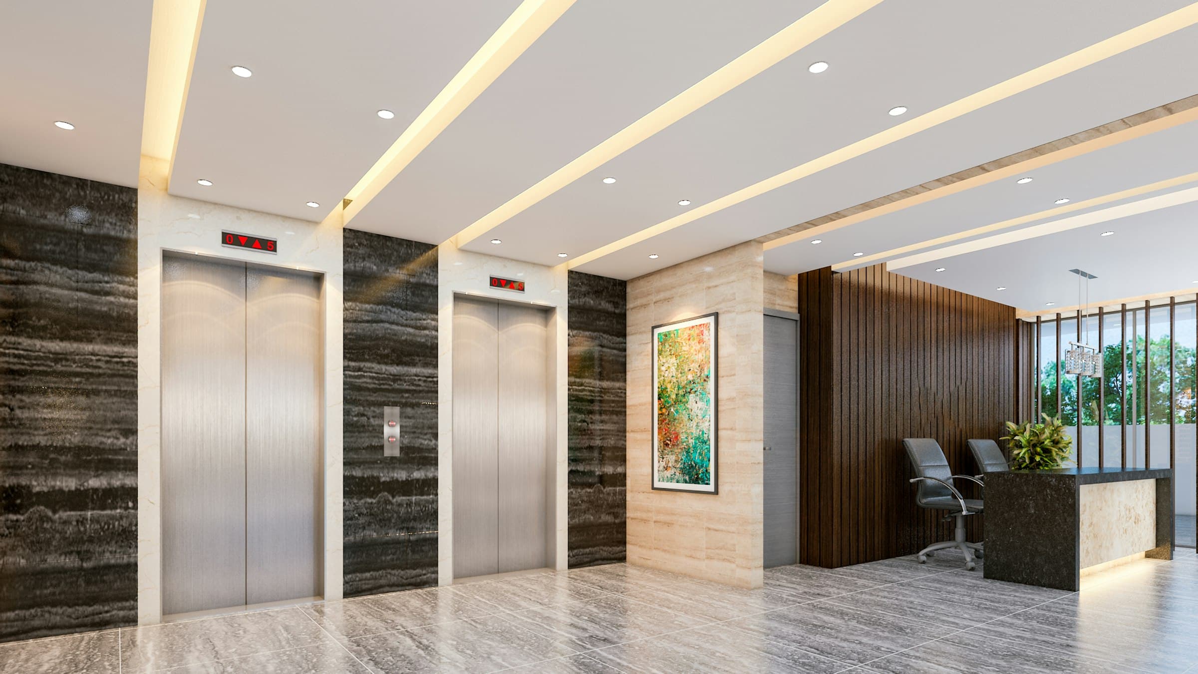 Modern commercial lobby with stainless steel elevators